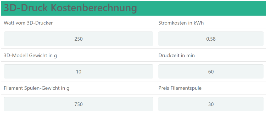 3D-Druck Kostenrechner